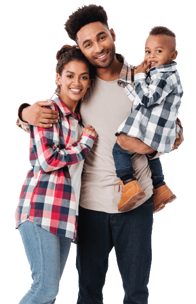 Happy family of three smiling and hugging